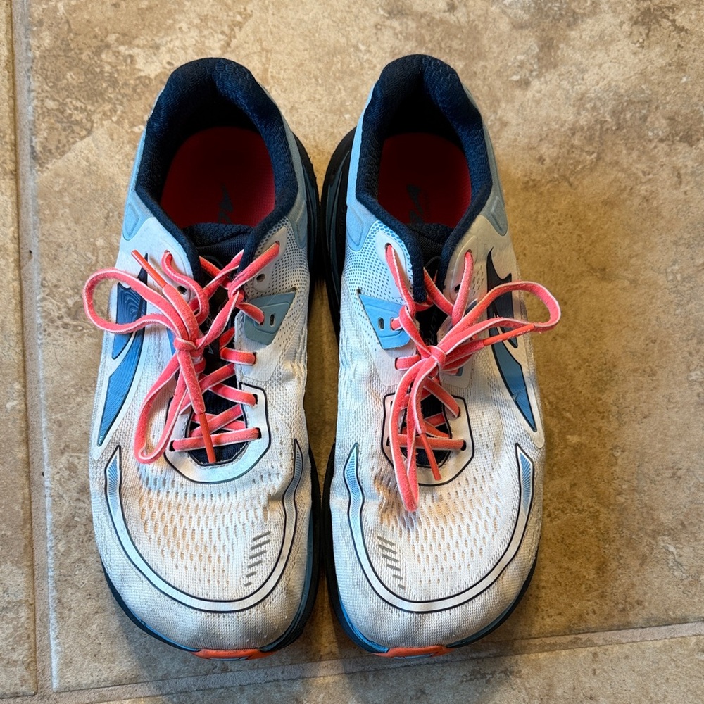 Altra White and Blue Athletic Shoes with Pink Laces